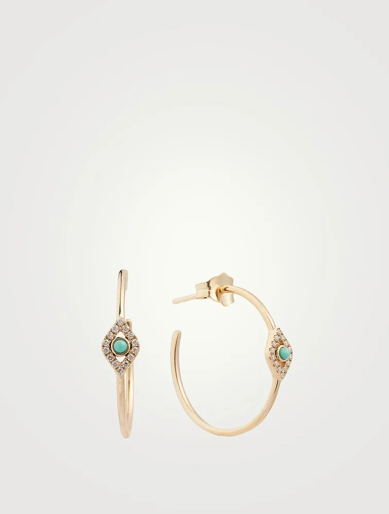 Medium 14K Gold Bezel Evil Eye Hoop Earrings With Turquoise And Diamonds