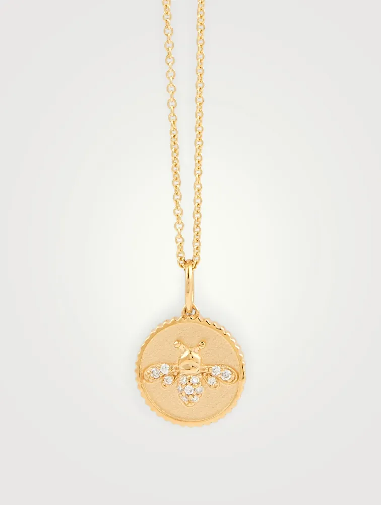 14K Gold Bee Coin Necklace With Diamonds