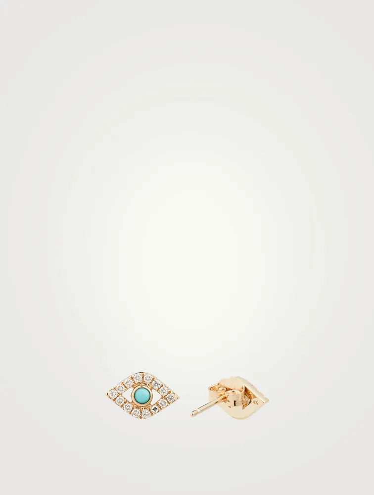 14K Gold Bezel Evil Eye Stud Earrings