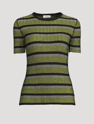 Wool Short-Sleeve Rib Knit Top Stripe