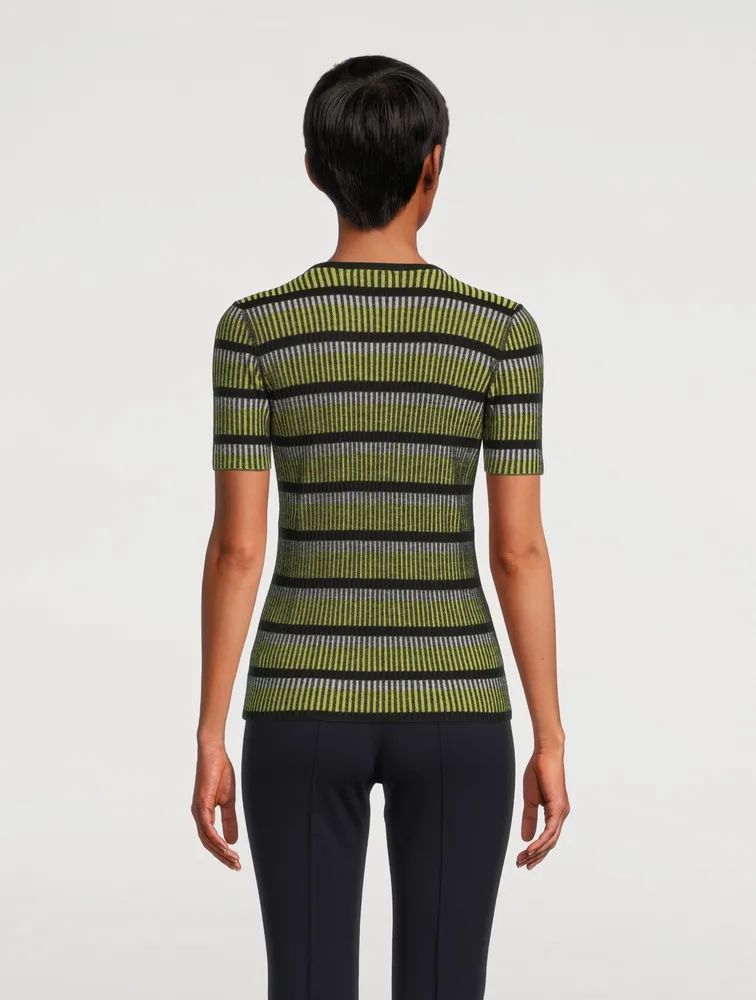 Wool Short-Sleeve Rib Knit Top Stripe