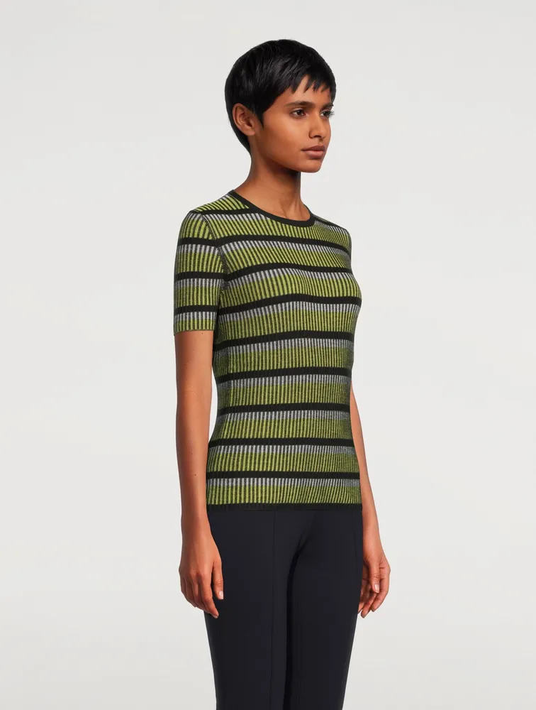 Wool Short-Sleeve Rib Knit Top Stripe