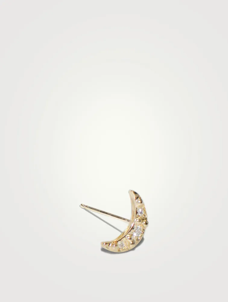 Aztec 14K Gold Moon Crescent Stud Earring With Diamonds