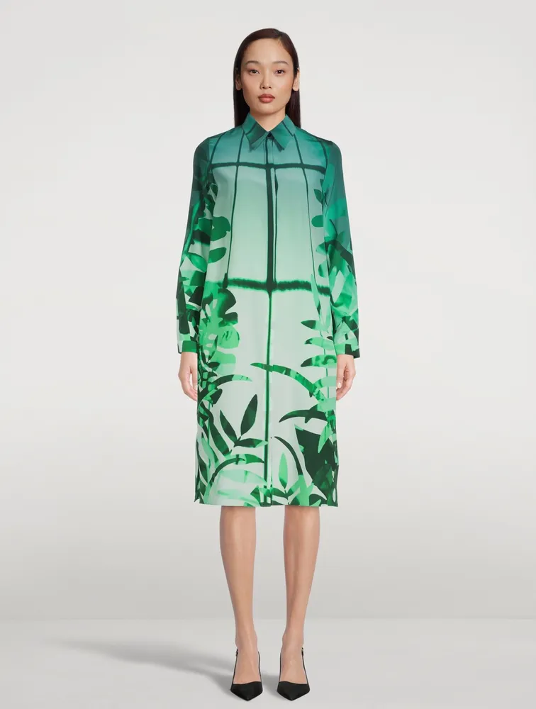 Silk Shirt Dress Leaf Print