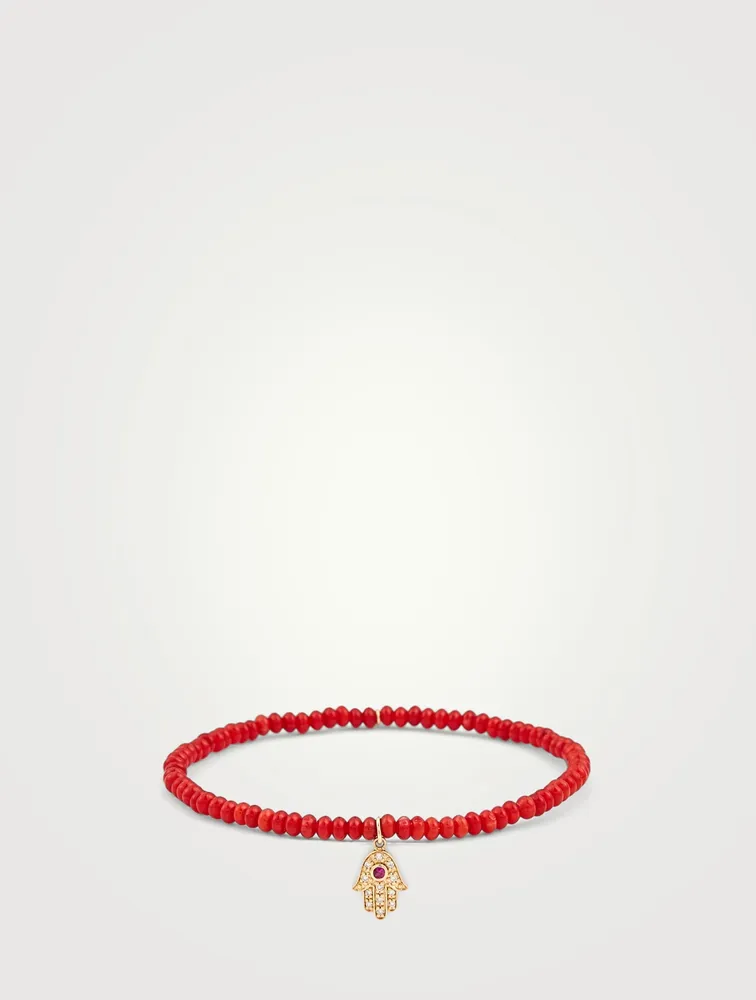 Beaded Bracelet With 14K Gold Diamond And Ruby Hamsa Charm
