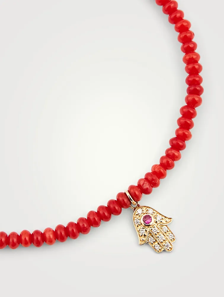 Beaded Bracelet With 14K Gold Diamond And Ruby Hamsa Charm