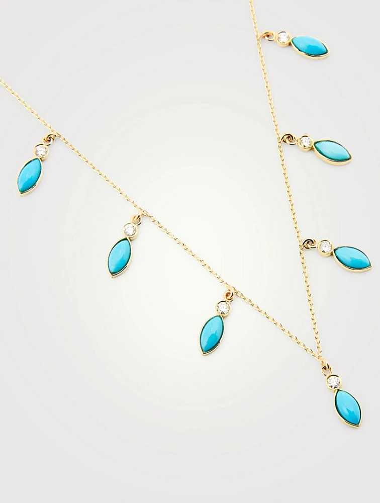 18K Gold Marquise Dangle Necklace With Diamonds and Turquoise