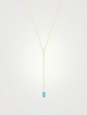 18K Gold Marquise Lariat Necklace With Diamonds and Turquoise