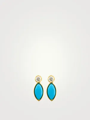 18K Gold Marquise Stud Earrings With Diamonds And Turquoise