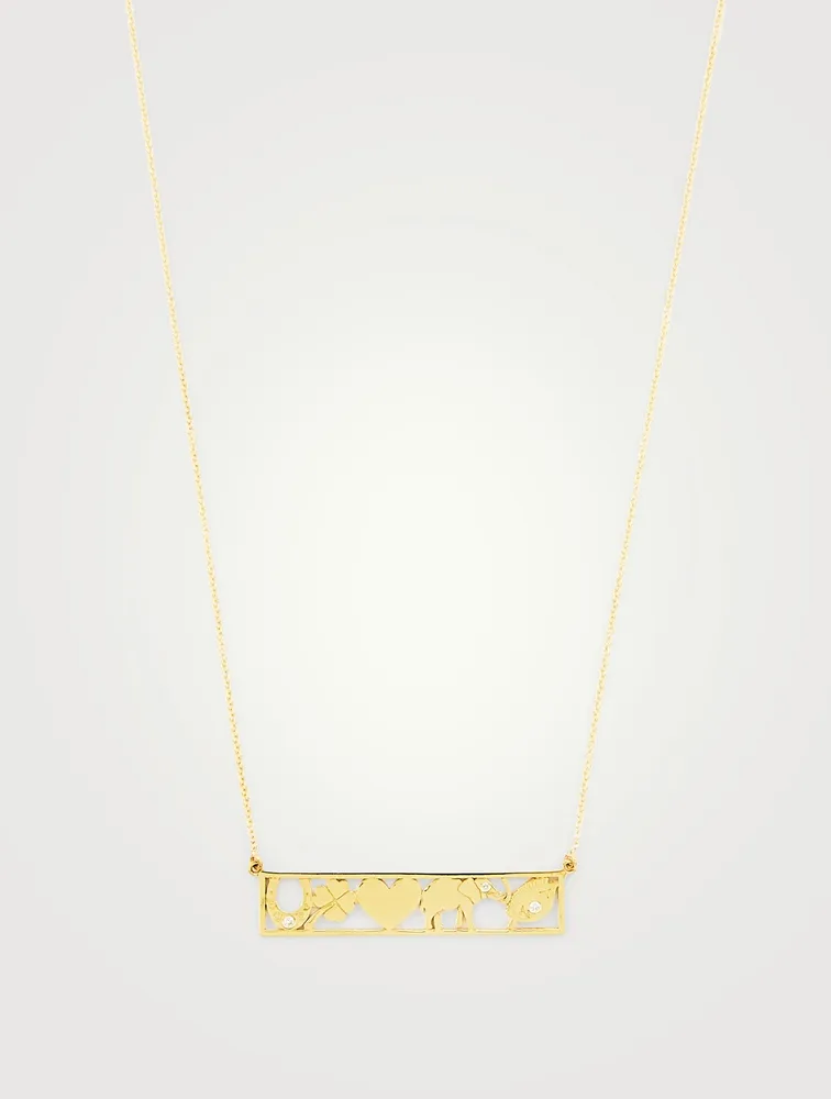 18K Gold Good Luck Bar Necklace With Diamonds