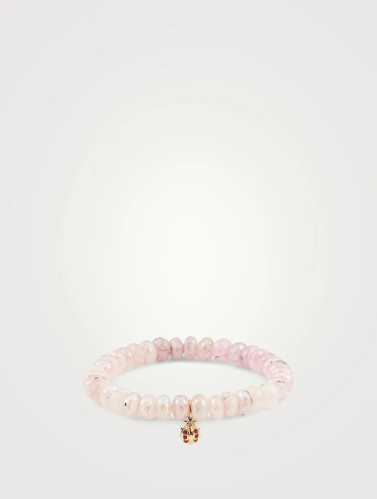 Grapholite Beaded Bracelet With 14K Gold Diamond And Ruby Ladybug Charm