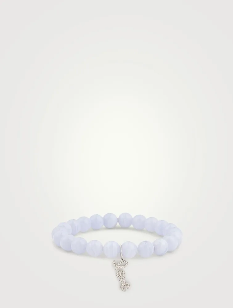 Agate Beaded Bracelet With 14K White Gold Diamond Love Charm