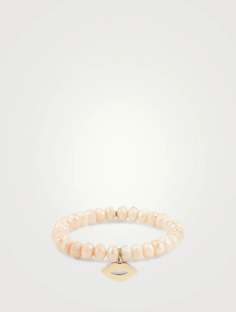 Moonstone Beaded Bracelet With 14K Gold Lips Charm