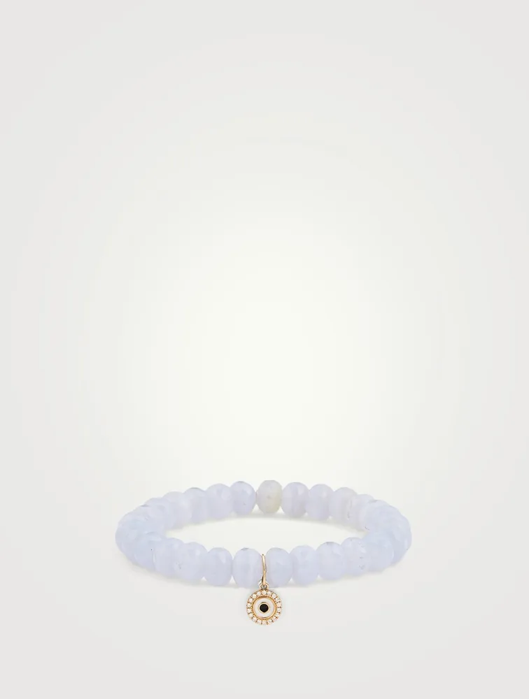 Chalcedony Beaded Bracelet With 14K Gold Diamond Evil Eye Charm