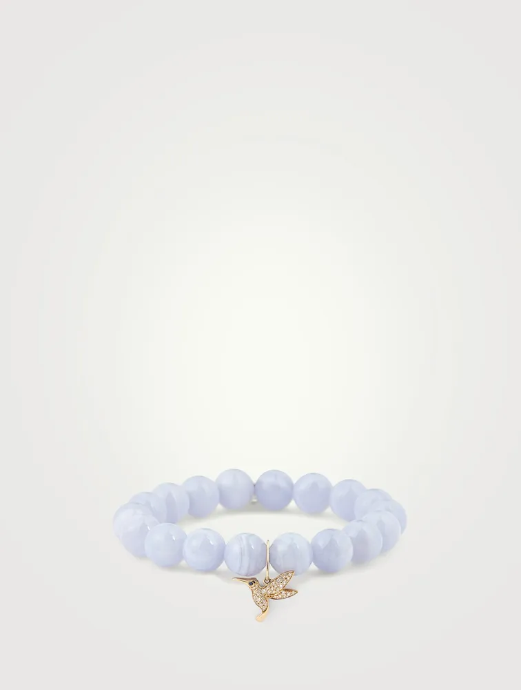Agate Beaded Bracelet With 14K Gold Diamond And Sapphire Hummingbird Charm