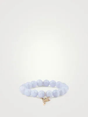 Agate Beaded Bracelet With 14K Gold Diamond And Sapphire Hummingbird Charm