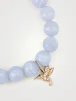 Agate Beaded Bracelet With 14K Gold Diamond And Sapphire Hummingbird Charm