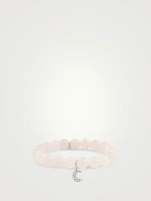 Rose Quartz Beaded Bracelet With 14K White Gold Diamond Moon Charm