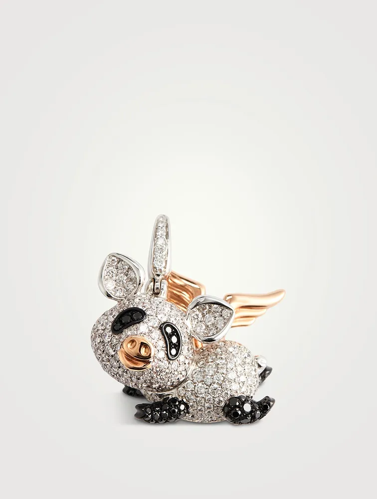 18K White Gold Flying Pig Bo Bo Pendant With White And Black Diamonds