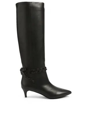 Rockstud Leather Heeled Knee-High Boots