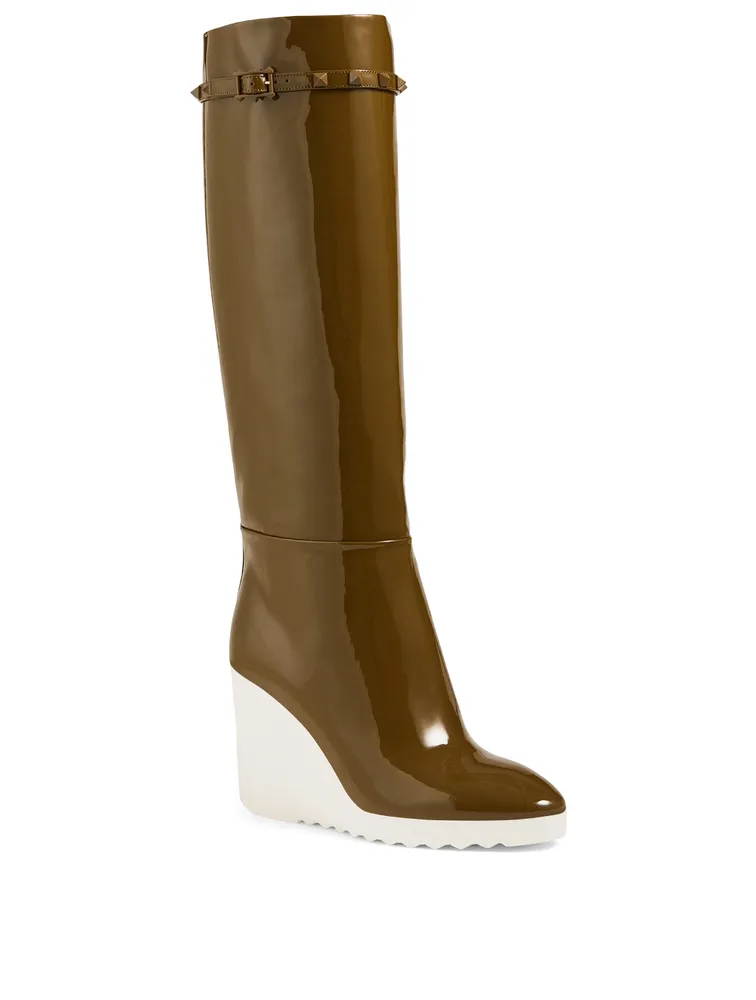 White Wave Patent Leather Wedge Knee-High Boots