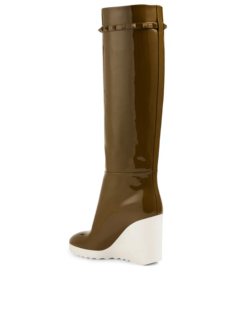 White Wave Patent Leather Wedge Knee-High Boots