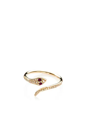 14K Gold Snake Ring With Diamonds And Ruby