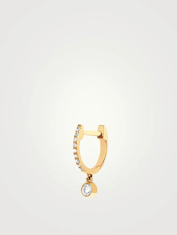 14K Gold Bezel Drop Huggie Hoop Earring With Diamonds