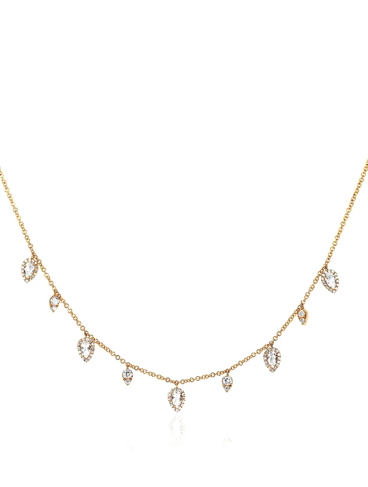 14K Gold Teardrop Necklace With White Topaz And Diamonds