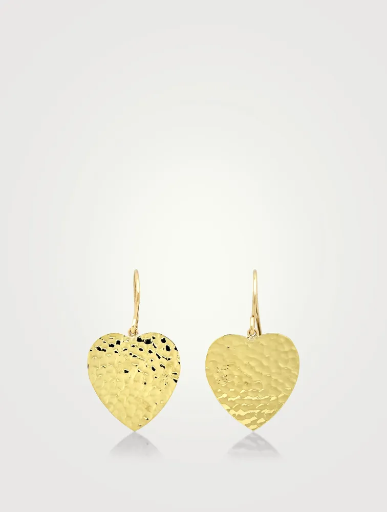 18K Gold Hammered Heart Drop Earrings