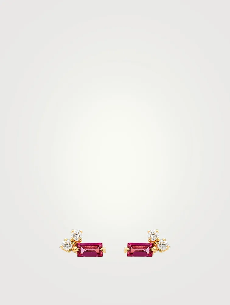 Fireworks 18K Gold Diamond Stud Earrings With Rubies And Diamonds