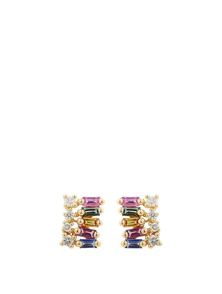 Rainbow Fireworks 18K Gold Diamond Earrings With Sapphire And Diamonds