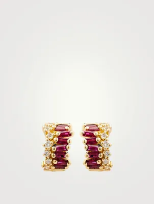 Fireworks 18K Gold Wide Huggie Hoop Earrings With Rubies And Diamonds