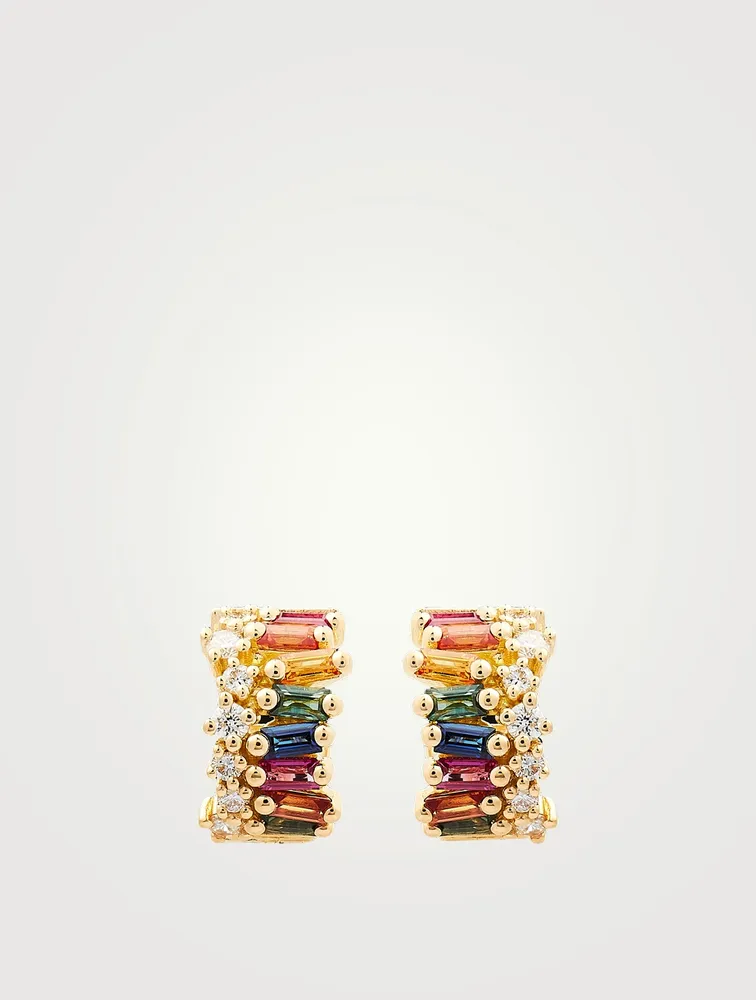 Mini Rainbow Fireworks 18K Gold Wide Huggie Earrings With Sapphire And Diamonds