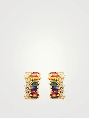 Mini Rainbow Fireworks 18K Gold Wide Huggie Earrings With Sapphire And Diamonds