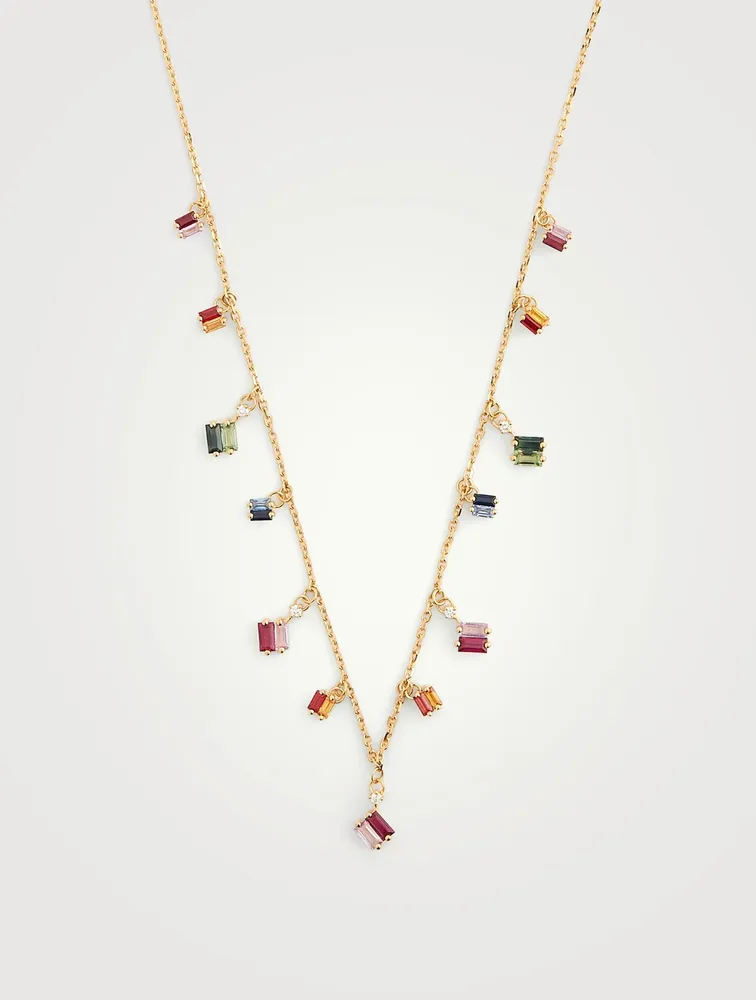 Rainbow Fireworks 18K Gold Dangling Cascade Necklace With Sapphire And Diamonds