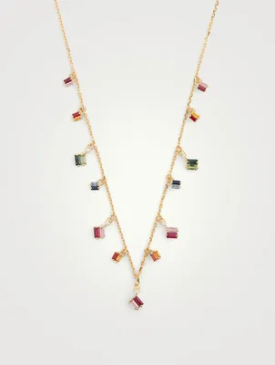 Rainbow Fireworks 18K Gold Dangling Cascade Necklace With Sapphire And Diamonds