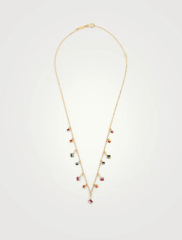 Rainbow Fireworks 18K Gold Dangling Cascade Necklace With Sapphire And Diamonds