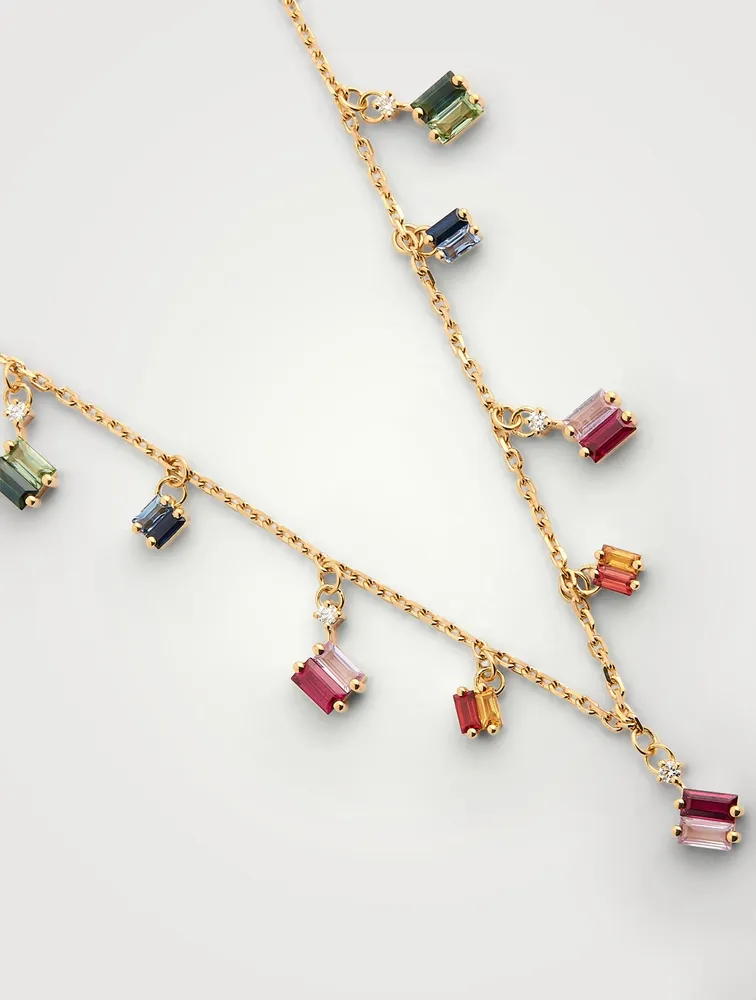 Rainbow Fireworks 18K Gold Dangling Cascade Necklace With Sapphire And Diamonds