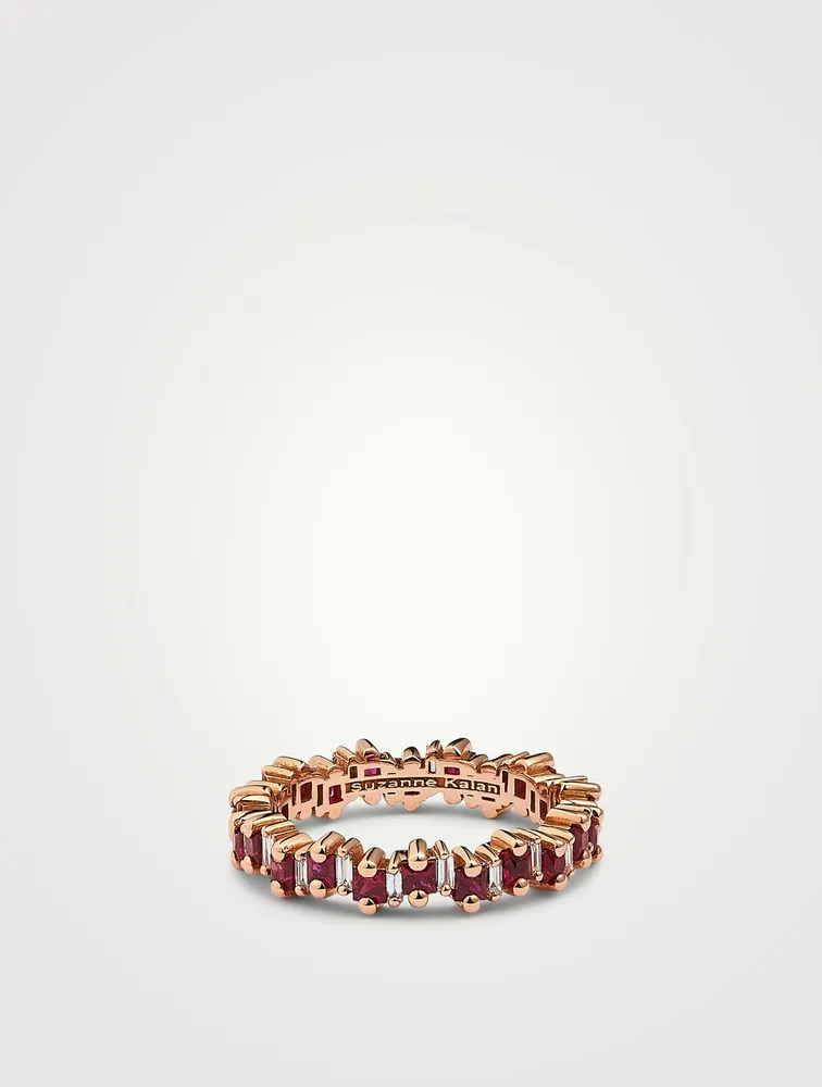 Fireworks 18K Rose Gold Thin Eternity Band With Ruby And Diamonds