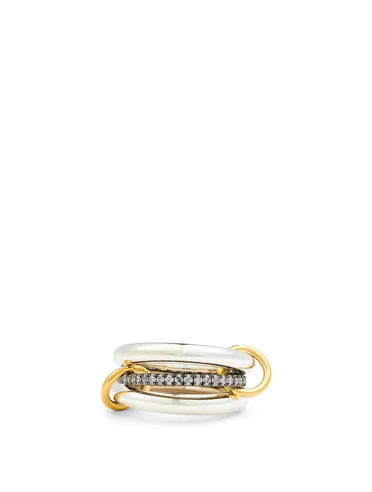 Libra Noir Sterling Silver And 18K Gold Stacked Ring With Diamonds