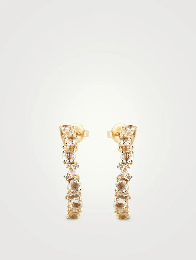 14K Gold Hoop Earrings With White Topaz And Diamonds