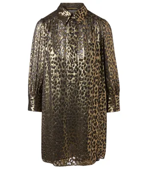 Silk-Blend Mini Shirt Dress Leopard Print