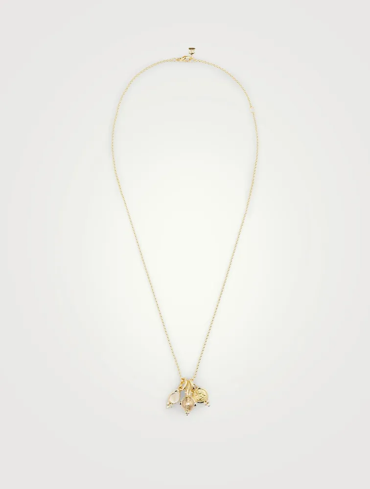 18K Gold Classic Charm Necklace With Royal Blue Moonstone And Rock Crystal