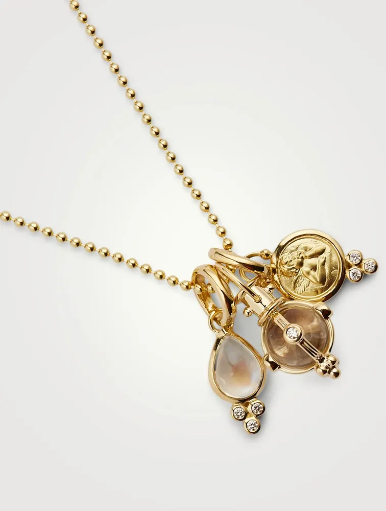 18K Gold Classic Charm Necklace With Royal Blue Moonstone And Rock Crystal