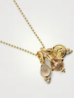 18K Gold Classic Charm Necklace With Royal Blue Moonstone And Rock Crystal