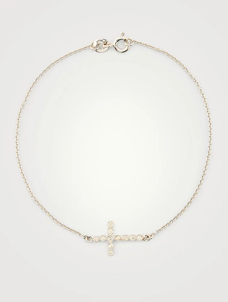 Small 14K White Gold Cross Chain Bracelet With Diamonds