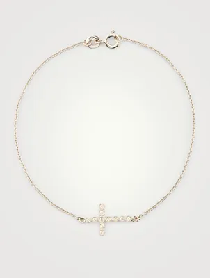 Small 14K White Gold Cross Chain Bracelet With Diamonds