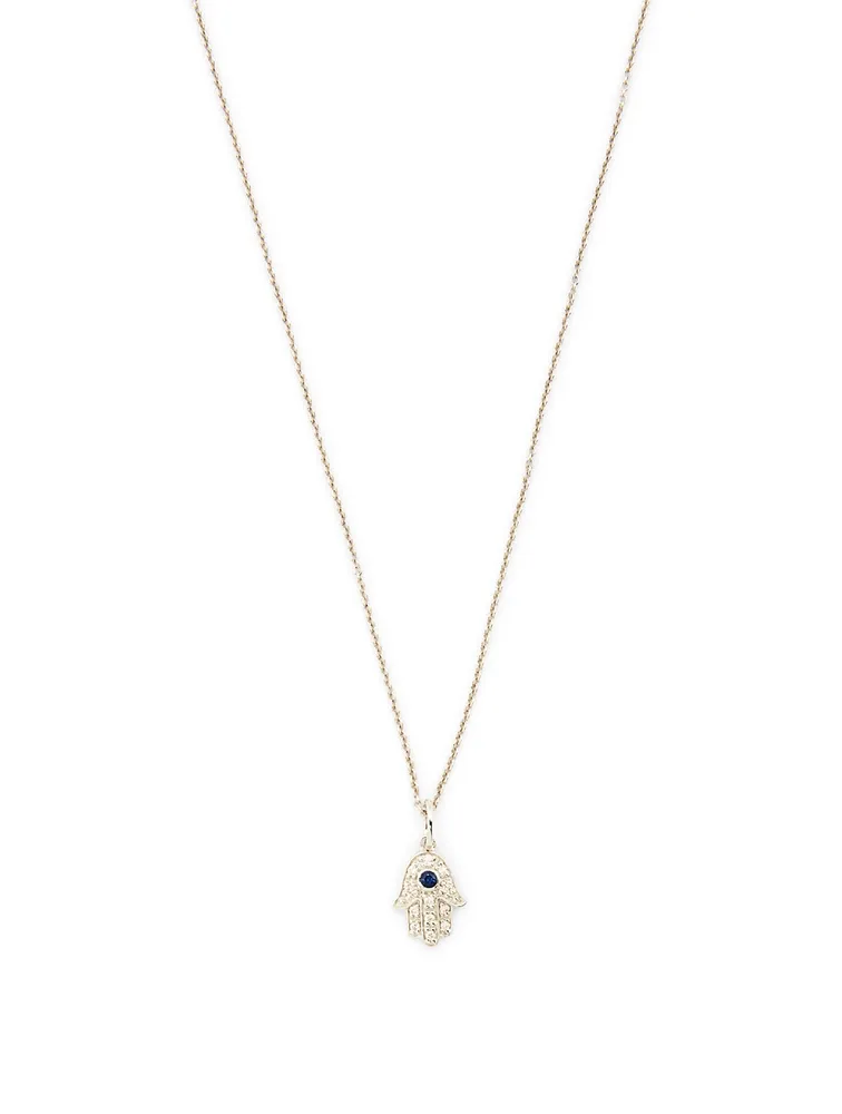 14K White Gold Hamsa Necklace With Diamonds And Sapphire