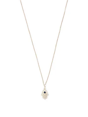 14K White Gold Hamsa Necklace With Diamonds And Sapphire